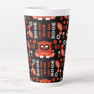 Caneca De Café Latte Coruja Nórdica De Arte Folclórica Laranja E Negra