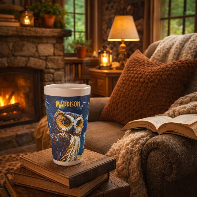 Caneca De Café Latte Coruja Noturna Estrelada (Criador carregado)
