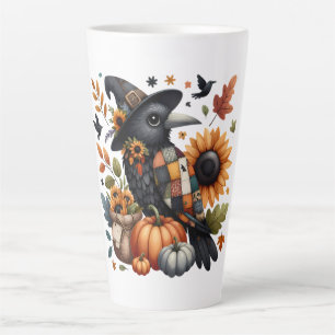 Caneca De Café Latte Corvo Caprichoso com Abóboras e Girassóis