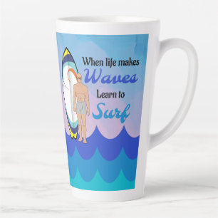 Caneca De Café Latte Cota Motivativa Azul do Oceano Surfboard Onda