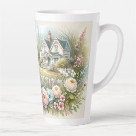 Caneca De Café Latte Cottagecore Birdhouse with Floral Garden