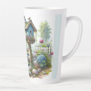 Caneca De Café Latte Cottagecore Casa de Pássaros Jardim Aquarela