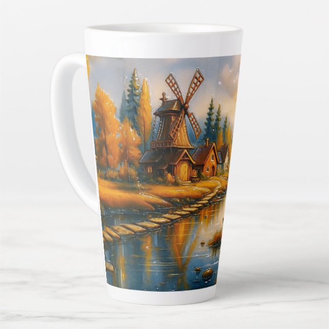 Caneca De Café Latte Cozy Windmill Village at Sunrise (Ângulo esquerdo)
