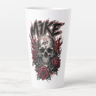Caneca De Café Latte Crânio Gótico Mike com Rosas Vermelhas e Chamas