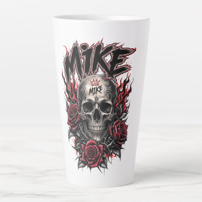 Caneca De Café Latte Crânio Gótico Mike com Rosas Vermelhas e Chamas (Frente)