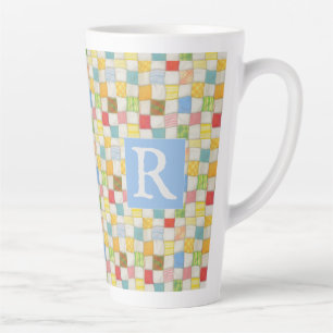 Caneca De Café Latte CRAZY QUILT Caneca de Latte Alta + Texto / Azul