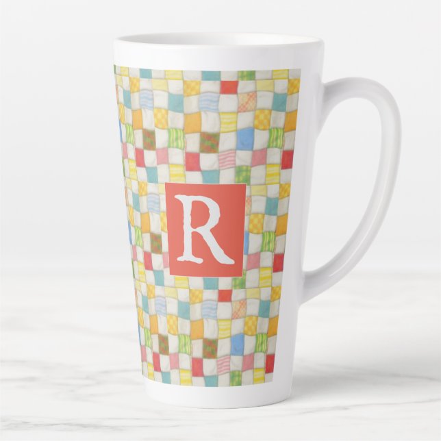 Caneca De Café Latte CRAZY QUILT Caneca de Latte Alta + Texto / Vermelh (Direita)