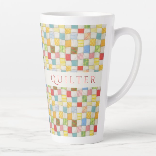 Caneca De Café Latte CRAZY QUILT Tall Latte Mug + Inicial (Direita)