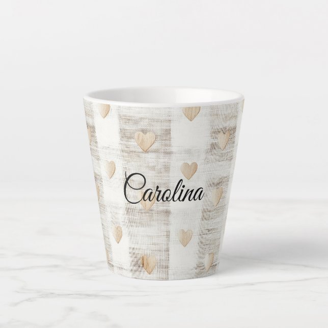 Caneca De Café Latte Cream White Beige Boho Hearts (Frente)