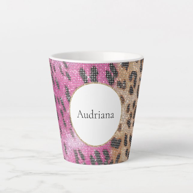Caneca De Café Latte Creme Rosa Leopard Animal Sparkle (Frente)