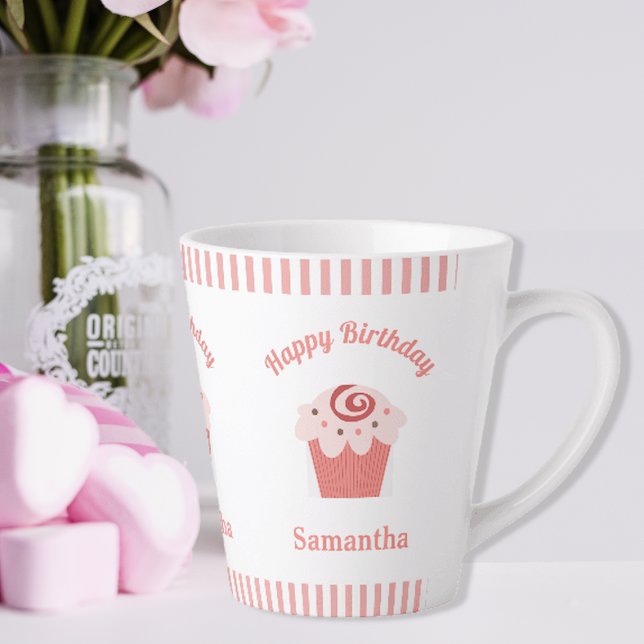 Caneca De Café Latte Cupcake de Aniversário com Faixa Rosa (Criador carregado)