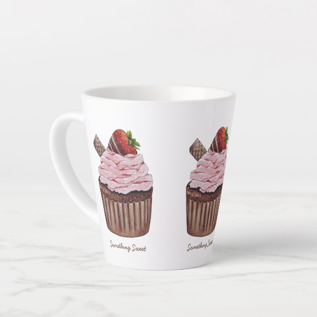 Caneca De Café Latte Cupcake De Morango Cujo Cama É Em Aquarela (Ângulo esquerdo)