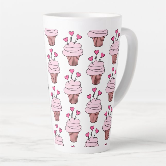 Caneca De Café Latte Cupcakes Bonitos Rosa E Branco (Ângulo direito)