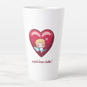 Caneca De Café Latte Cupido no Coração Vermelho com Cabeça de Seta Rosa