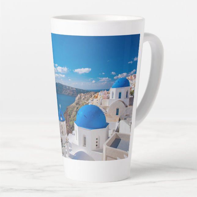 Caneca De Café Latte Cúpulas Azuis de Santorini (Ângulo direito)