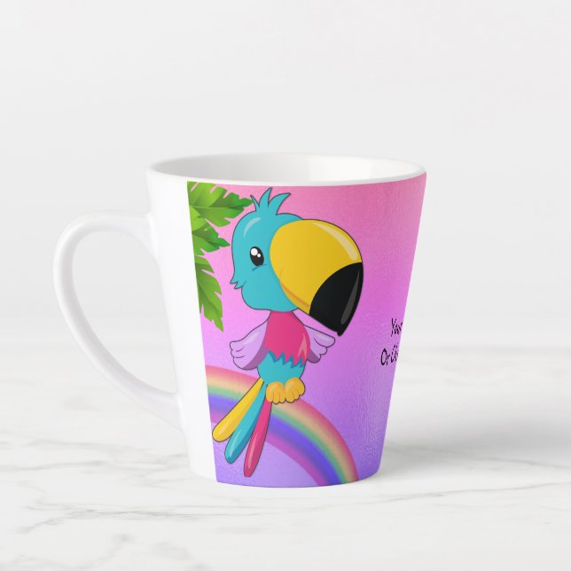 Caneca De Café Latte CustomText/ Tropical Kawaii Toucan Beach Rainbow (Esquerda)