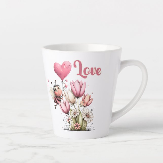 Caneca De Café Latte Cute Bee Amor Coração & Floral  (Direita)