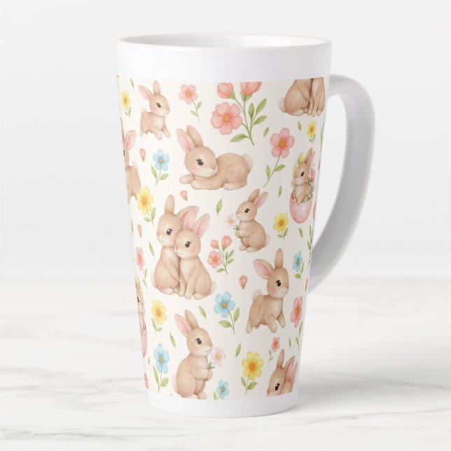 Caneca De Café Latte Cute Bunnies and Flowers Pattern (Ângulo direito)