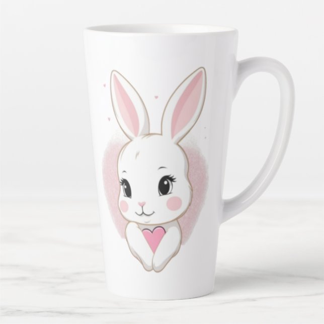 Caneca De Café Latte Cute Bunny Holding Heart | Romantic Design (Direita)