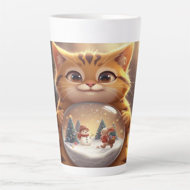 Caneca De Café Latte Cute Christmas Cat Holding Snow Globe Art (Frente)