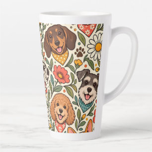 Caneca De Café Latte Cute Dogs and Colorful Floral Pattern