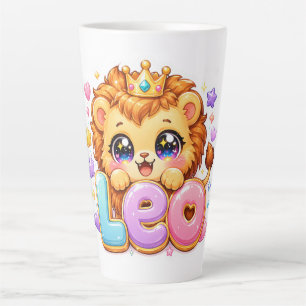 Caneca De Café Latte Cute Kawaii Leão Nome Pastel Rosa Coroa Brilho