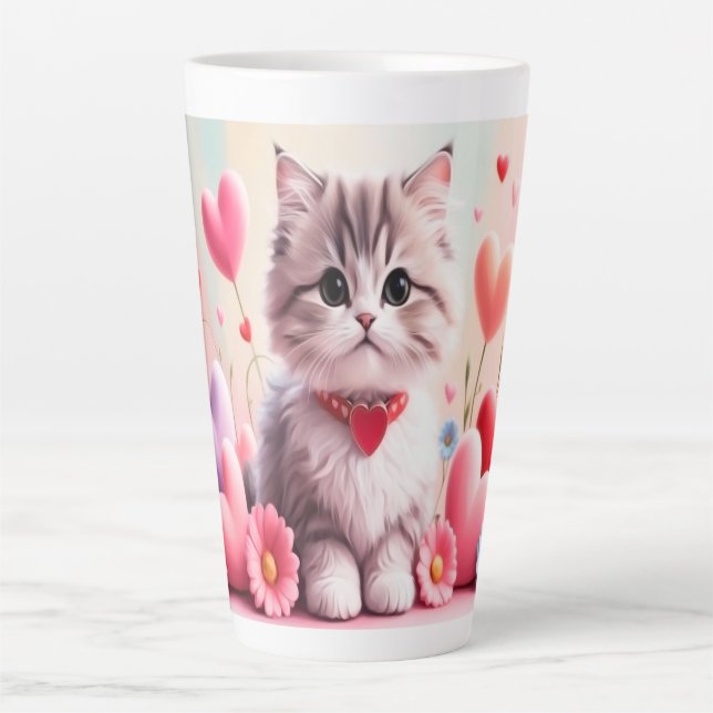 Caneca De Café Latte Cute kitten hearts flowers (Frente)
