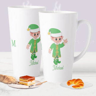 Caneca De Café Latte Cute Lucky Elf com Script e Monograma