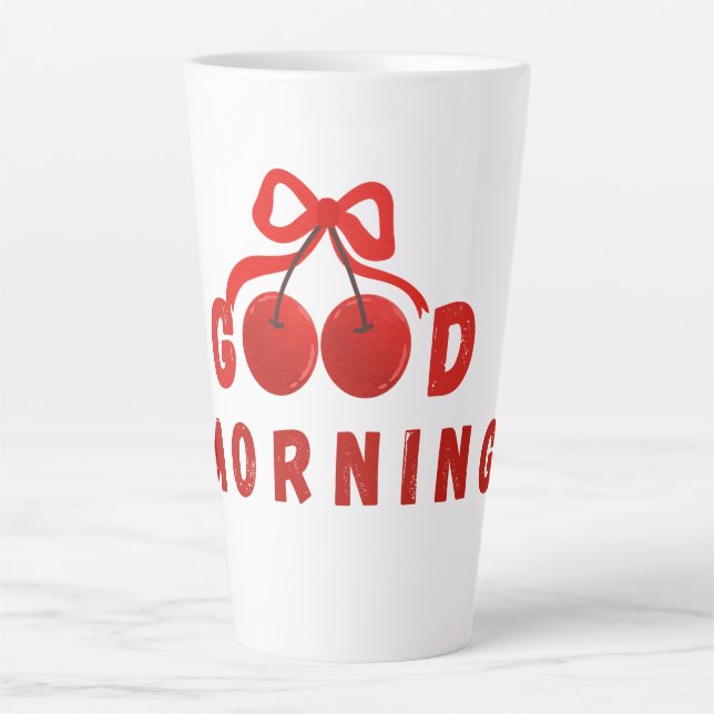 Caneca De Café Latte Cute Red Cherry Bow Good Morning Coffee Mug (Frente)