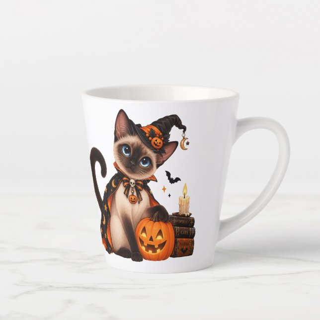 Caneca De Café Latte Cute Siamese Cat Witch Halloween (Direita)