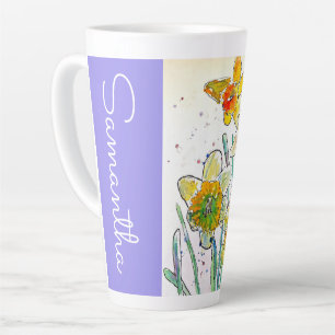 Caneca De Café Latte Daffodil Flower Floral Watercolor Mulheres Nome