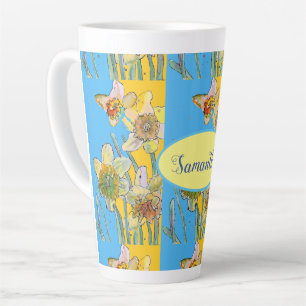 Caneca De Café Latte Daffodil Painting Watercolor Amarelo Azul floral