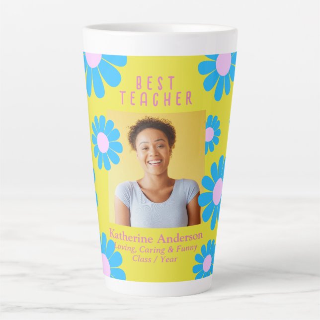 Caneca De Café Latte Daisy Best Teacher Photo Yellow (Frente)