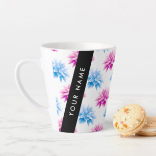 Caneca De Café Latte Dália Rosa e Azul, Padrão Floral, Seu Nome
