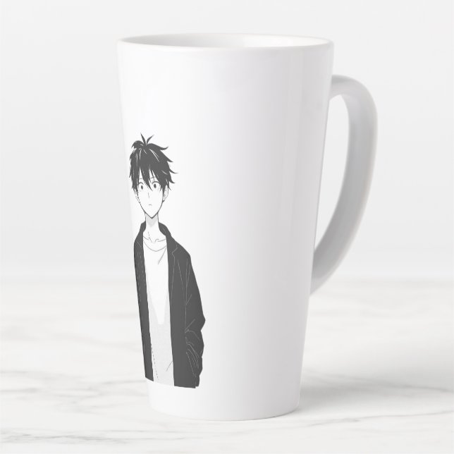 Caneca de Café Latte de Menino Anime Minimalista (Ângulo direito)