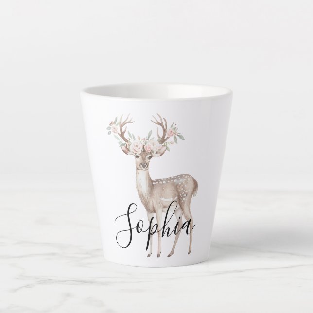 Caneca De Café Latte Deer Pink Flowers (Frente)