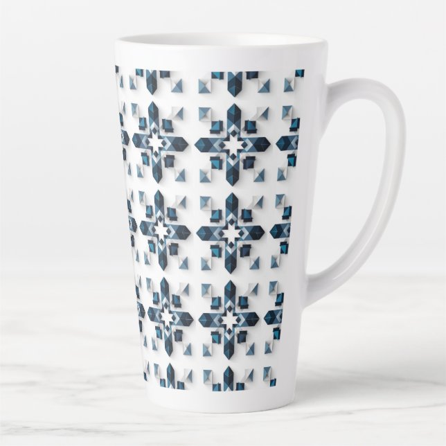 Caneca De Café Latte Desenho Abstrato Geométrico em Azul e Branco (Direita)