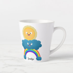Caneca De Café Latte Desenho animado de sol feliz e nuvem arco-íris fof
