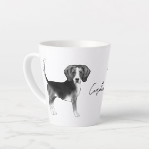 Caneca De Café Latte Desenho de Beagle em Preto e Branco com Nome