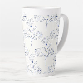Caneca De Café Latte Desenho de flores azuis delineadas em tinta