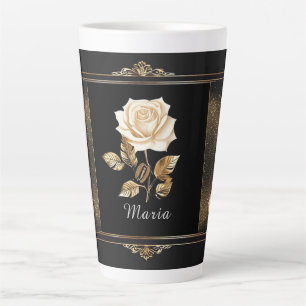 Caneca De Café Latte Desenho Elegante de Rosa Branca e Dourado