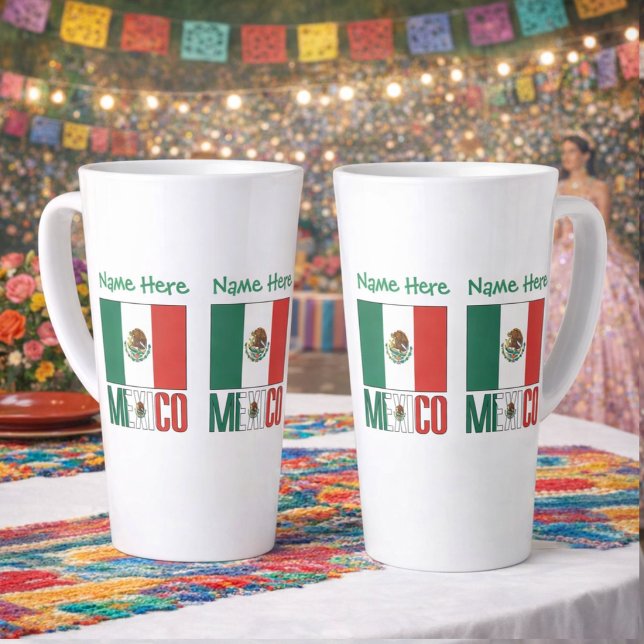 Caneca De Café Latte Desenho Grande de Nome Personalizado com a Bandeir (Personalized large latte mug with Mexican Flag, MEXICO below in flag colors. Add name above in green)