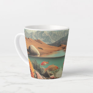 Caneca De Café Latte Deserto e Lago Surrealistas com Peixes Dourados