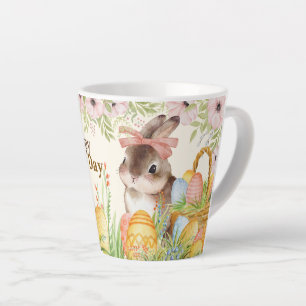 Caneca De Café Latte Dia de Páscoa Feliz em Aquarela Coelho Floral com