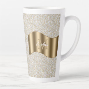 Caneca De Café Latte Diamantes, Grande Monograma Dourado Nome em Escrit