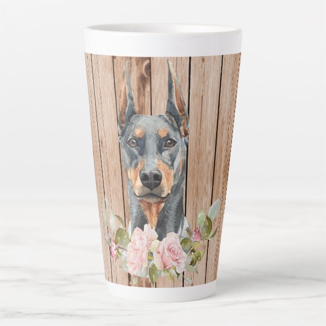 Caneca De Café Latte Doberman em aquarela & Flores (Frente)