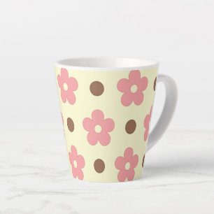 Caneca De Café Latte Doce Floral Rosa e Pontos Marrons Retrô