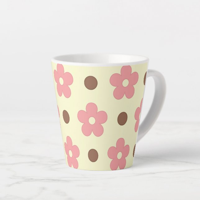 Caneca De Café Latte Doce Floral Rosa e Pontos Marrons Retrô (Ângulo direito)