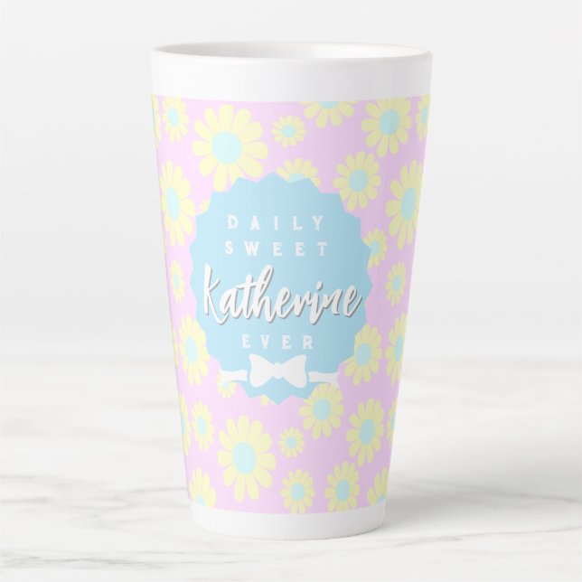 Caneca De Café Latte Doce Margarida Pastel Cor-de-rosa Amarelo (Frente)