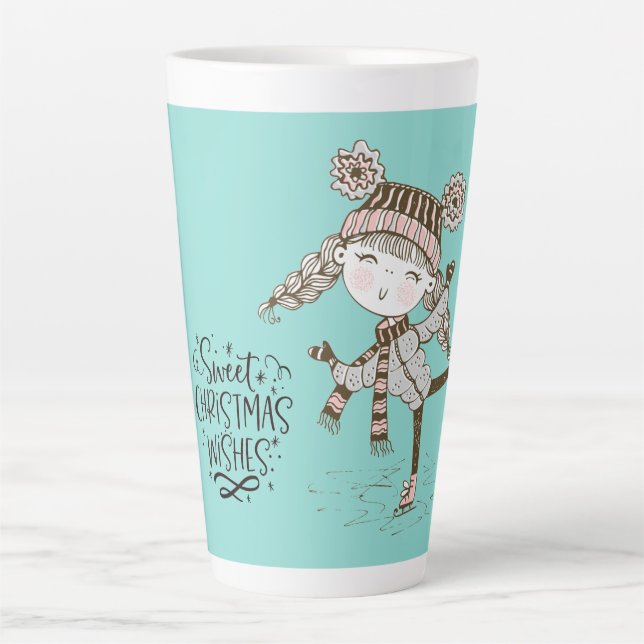 Caneca De Café Latte Doce Natal Deseja Patinação De Gelo (Frente)